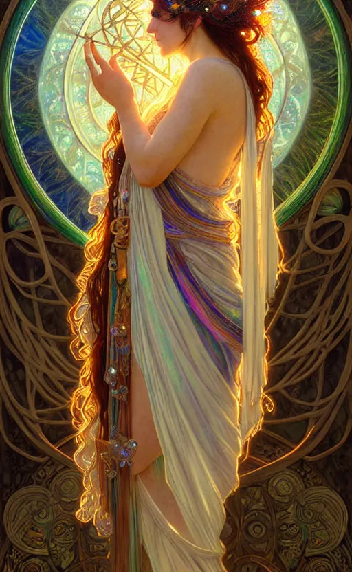 Prompt: ancient greek and gypsy and druid culture crossover, female, ecopunk art nouveau architecture, iridescent and opalescent, twilight, refractive crystal, elegant, feather hair ornaments, highly detailed, digital painting, glowing particles, misty, cinematic lighting, smooth, sharp focus, art by nixeu, by wlop, by alphonse mucha.