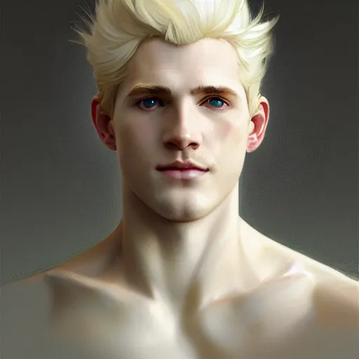 Prompt: Blond pale white Lucius with closed eyes smiling, very detailed sharp angular masculine face, hooked nose and square jaw, long fluffy curly blond hair, light blond hair, clean shaven, gorgeous, beautiful, intricate, highly detailed, digital painting, artstation, concept art, sharp focus, illustration, art by greg rutkowski and alphonse mucha