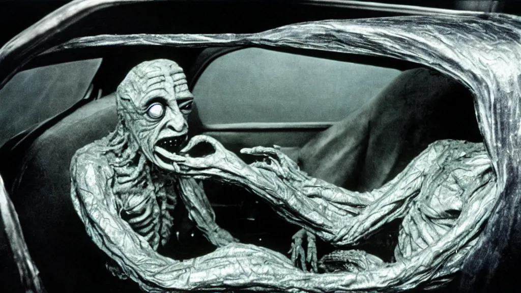 Image similar to the creature sits in a car, made of wax and metal, film still from the movie directed by David Cronenberg with art direction by Salvador Dalí, wide lens