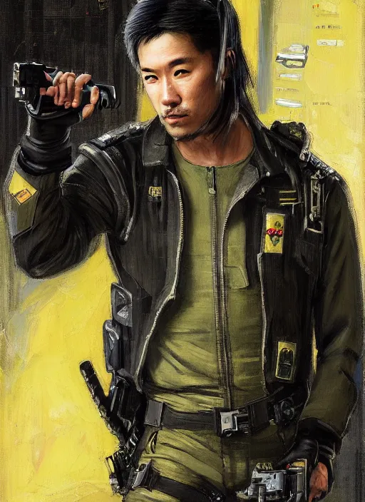 Prompt: hiro tanaka. Handsome cyberpunk USN marine wearing a military vest and a black and yellow tactical jumpsuit (cyberpunk 2077, bladerunner 2049). Handsome face. Iranian orientalist portrait by john william waterhouse and Edwin Longsden Long and Theodore Ralli and Nasreddine Dinet, oil on canvas. Cinematic, hyper realism, realistic proportions, dramatic lighting, high detail 4k