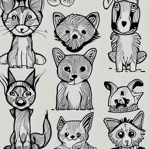 Image similar to cute animals, outline art, digital art, drawing, simplistic