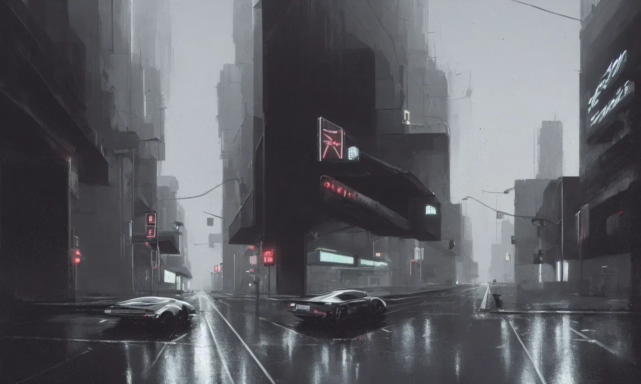Prompt: high resolution photograph, streetscape, simple brutalist architecture, metal, concrete, wet streets, white neon lights, neon signs, flying cars, pedestrians, greg rutkowski, syd mead, ralph mcquarrie, concept art, matte painting, finely detailed, minimal artifacts, rule of thirds, dynamic lighting, cinematic, denoised, centered, artstation