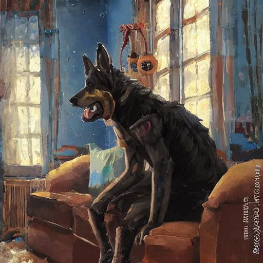 Image similar to a humanoid german shepherd beast - man, sitting and watching a soccer match in his house on television, he has hurt his knee and is a dad, by erin hanson, alexi zaitsev, karl spitzweg, award winning, tv set