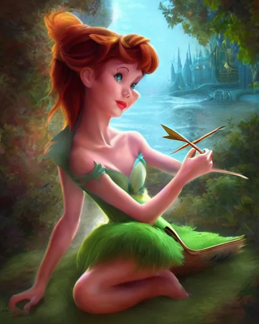 Image similar to if Peter Pan was a beautiful girl, trending on artstation, concept art, never land, tinkerbell,