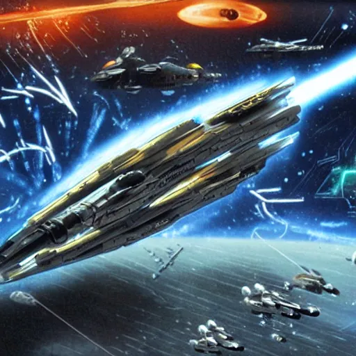 Image similar to science - fiction space battleship in combat, laser beams, explosions, space, planets, grimdark style