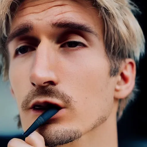 Prompt: a closeup photo of handsome gigachad xqc smoking