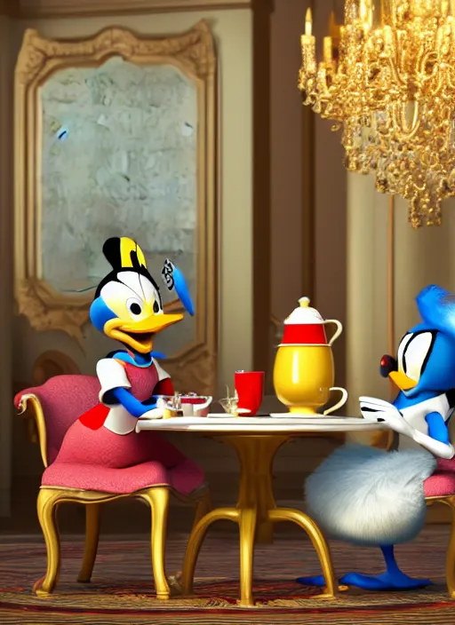 Prompt: cinderalla and donald duck having tea at the ritz, octane render, cinematic, elegant, intricate, 8 k