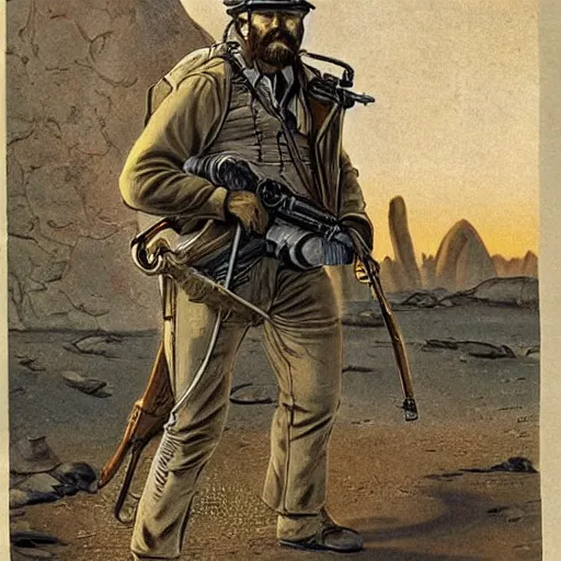 Image similar to 19th century scruffy american trapper aiming a rifle, on mars, pulp science fiction illustration