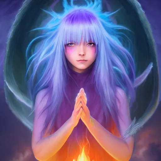 Image similar to rimuru tempest from tensura holding purple fire in her palm, with amber eyes of golden colored eyes, straight hair, sky blue hair, long bangs, concept art, award winning photography, digital painting, cinematic, wlop, 8 k, by ross tran, tom bagshaw