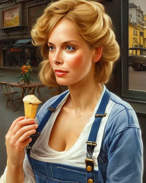 Image similar to portrait of a blonde fuller figured barbara bach from the bond film wearing dungarees and eating ice creams in porto, real life skin, intricate, elegant, highly detailed, artstation, concept art, smooth, sharp focus, art by artgerm and greg rutkowski and alphonse mucha