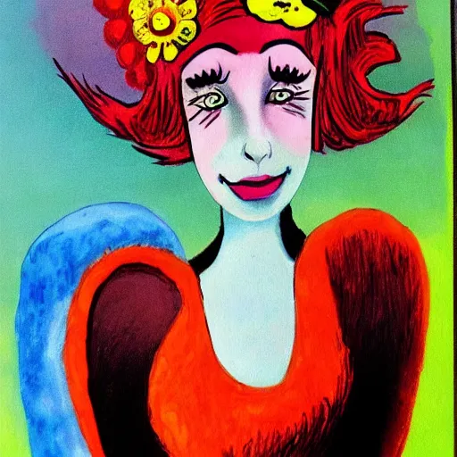 Prompt: painting of a girl with flower eyes by dr seuss | horror themed | creepy