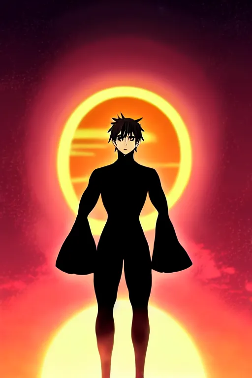 Prompt: anime art full body portrait character concept art, anime key visual of dark haired men standing in front of a sunset with 3 suns, large eyes, finely detailed perfect face delicate features directed gaze, trending on pixiv fanbox, studio ghibli, extremely high quality artwork