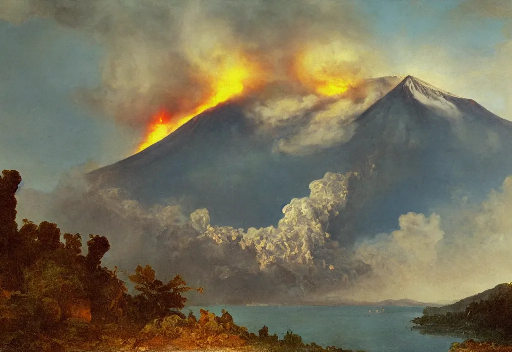 Image similar to a beautiful painting of a volcano oozing lava, pyroclastic clouds forming from the mouth of the volcano with lightning inside, in the background there are other mountains and a thick forest, there's a lake in the foreground with lush vegetation by albert bierstadt, high resolution, excellent contrast, morning