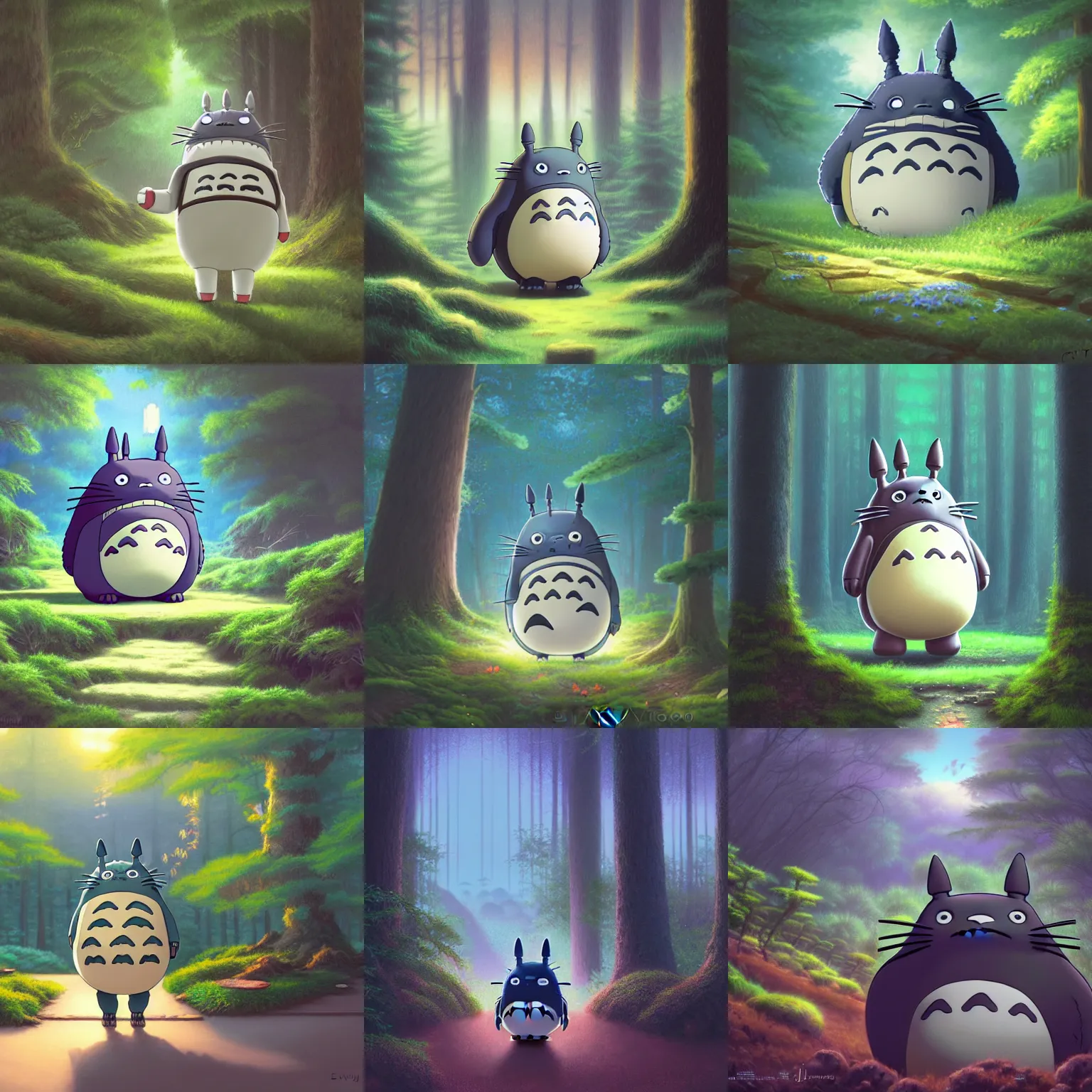 Prompt: illustration of totoro as a robot, studio ghibli, pixar, high detail, award-winning, forest, digital painting, concept art, by Evgeny Lushpin