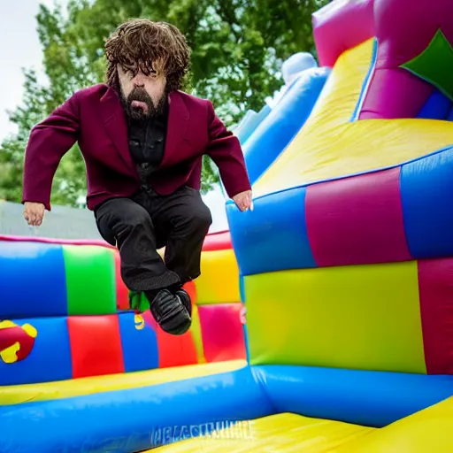 Image similar to peter dinklage jumping in a bouncey castle at a birthday party, ( sony a 7 r iv, symmetric balance, polarizing filter, photolab, lightroom, 4 k, dolby vision, photography awardm, voque, perfect face )