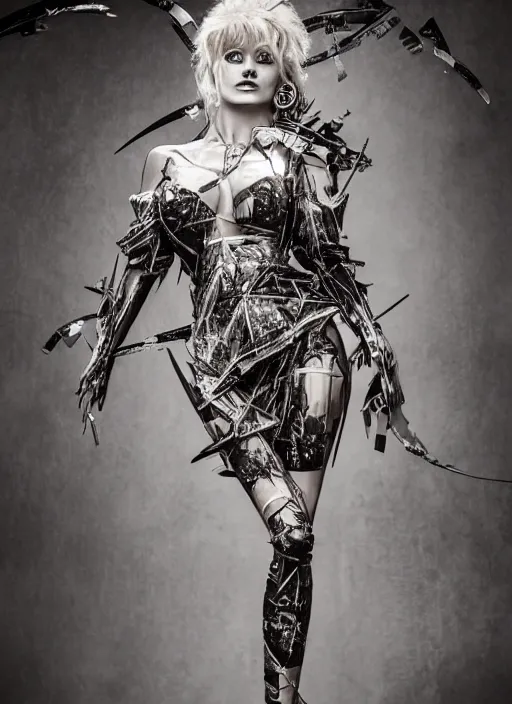 Prompt: expressive full body photo of young bridget bardot, dress made of steel blades, glamour shot, by karol bak, stefan gesell, photorealistic, nikon d 4 x, fashion photography, hyper maximalist, elegant, ornate, luxury, elite, environmental portrait, symmetrical features, octane render, unreal engine, solid dark grey background, dramatic lights