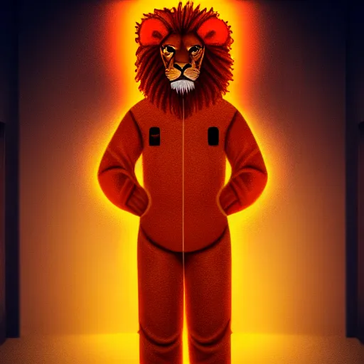 Prompt: imposing lion convict dressed in an orange prison jumpsuit, 8 k resolution digital painting, cinematic lighting, by jason felix steve argyle tyler jacobson, neon glow soft bokeh