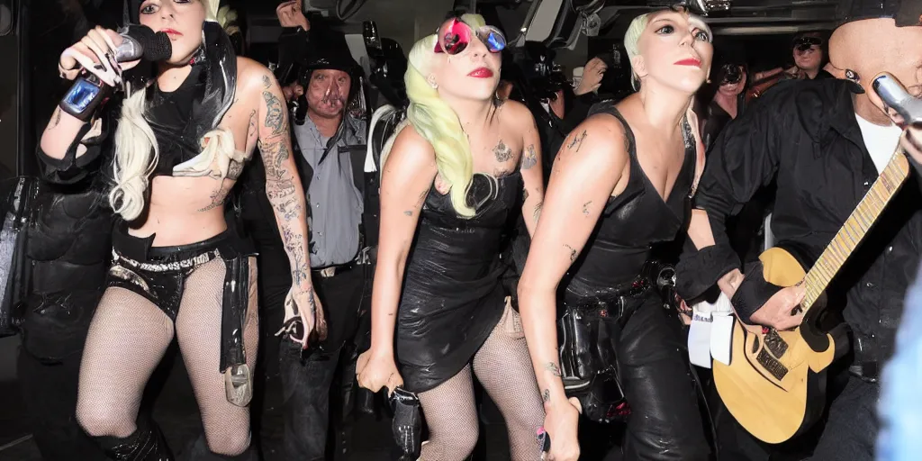 Prompt: lady gaga hits paparazzi with a guitar