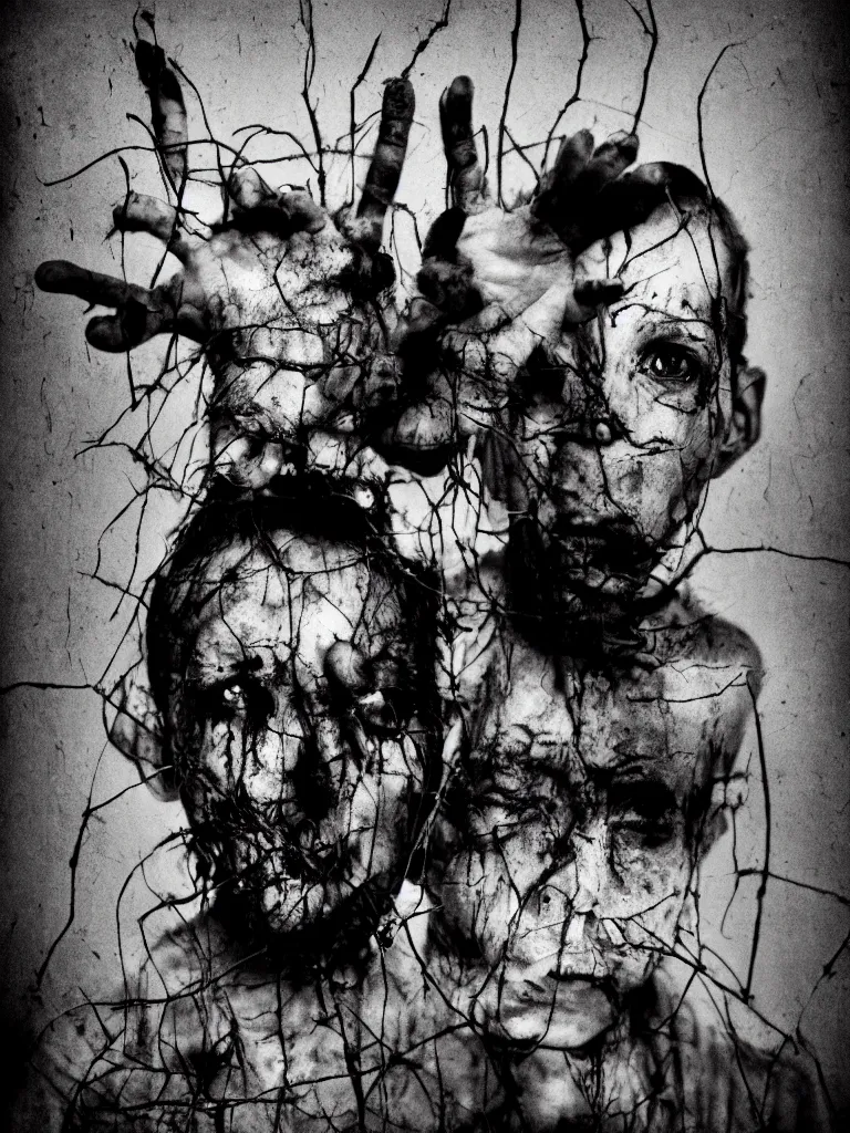 Image similar to horror movie poster in the style of roger ballen, 4 k, bw, portrait, one - sheet size