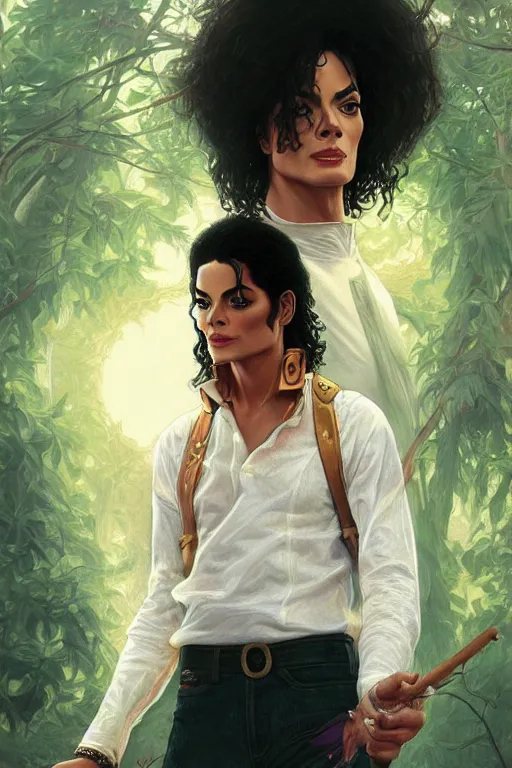 Image similar to male cottagecore michael jackson portrait with nature as background, intricate, swagger, highly detailed, digital painting, artstation, concept art, smooth, sharp, focus, illustration, art by artgerm and greg rutkowski and alphonse mucha