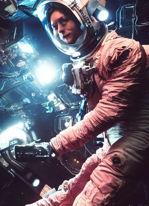 Image similar to complex poster by craig mullins astronaut in futuristic dark and empty spaceship underwater. infrared glowing lights. complex and hyperdetailed technical pink suit. reflection and dispersion materials. rays and dispersion of light. volumetric light. 5 0 mm, f / 3 2. noise film photo. flash photography. unreal engine 4, octane render. interstellar movie art