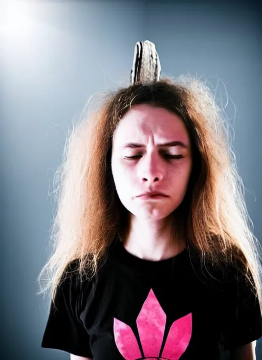 Image similar to a young pothead woman is dressed in a Nirvana T-shirt while she thinks about her impending death amusingly. soft skin. smooth skin. soft feminine facial features. Pinterest filter. complex detail added after taking the film still at 16K resolution. amazingly epic visuals. epically luminous image. amazing lighting effect, image looks gorgeously crisp as far as it's visual fidelity goes, absolutely outstanding image. perfect film clarity. amazing film quality. iridescent image lighting. Criterion collection. gloriously cold atmosphere. mega-beautiful pencil image shadowing. beautiful face. 16k upscaled image. soft image shading. soft image texture. intensely beautiful image. large format picture. it's a great portrait of the highest quality. Great Pinterest photo. masterfully lit.