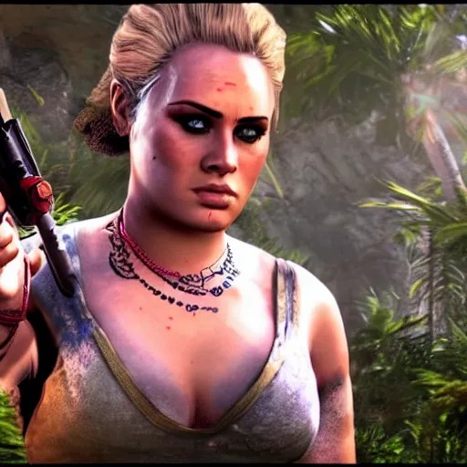 Prompt: an in-game screenshot of Adele as Vaas in Far Cry 3