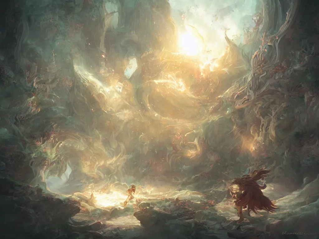 Image similar to detailed painting of a magical book that is a portal to a fantasy realm by Krenz Cushart, fantasy, dramatic light