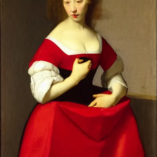 Image similar to sublime portrait of a woman in a red satin dress, very pale, graceful, imposing, idealistic, by Vermeer, Van Dyck, Jean Auguste Dominique Ingres, 17th-century, smooth, sharp focus, highly realistic