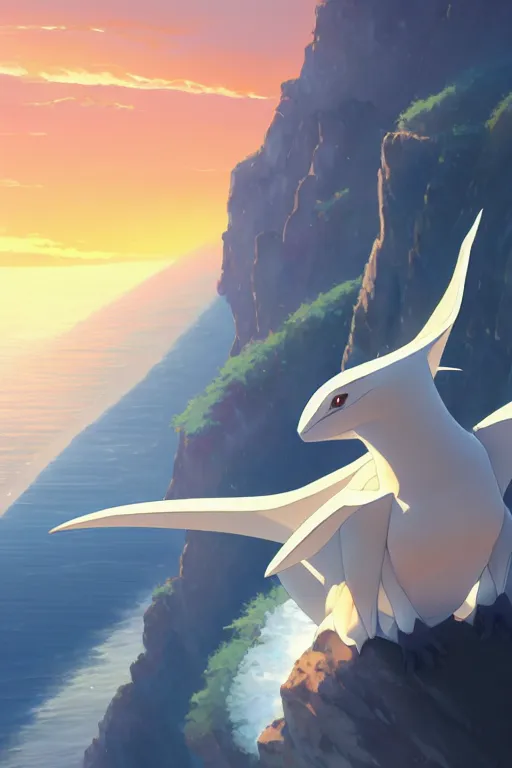 Image similar to a large smooth skinned white creature hybrid pterosaur, sitting on a cliff high in the sky, sunset, backlit, beautiful composition, by makoto shinkai an krenz cushart