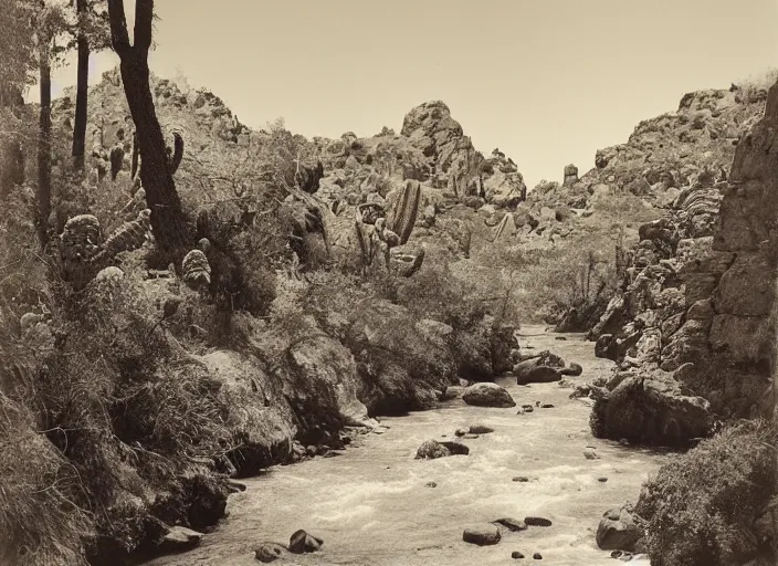 Prompt: Overlook of a river flowing through a cactus forest and rock formations, albumen silver print by Timothy H. O'Sullivan.