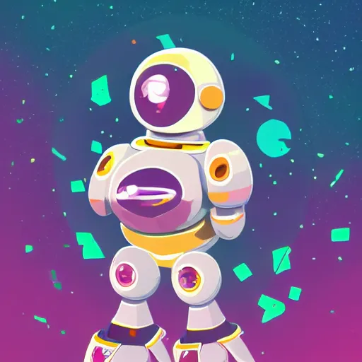 Prompt: Cartoon network Steven Universe David Orellana Artstation design of a cute cute cute round Ancient tribe humanoid expressive robot made out of space trash, standing in a spaceship, digital art