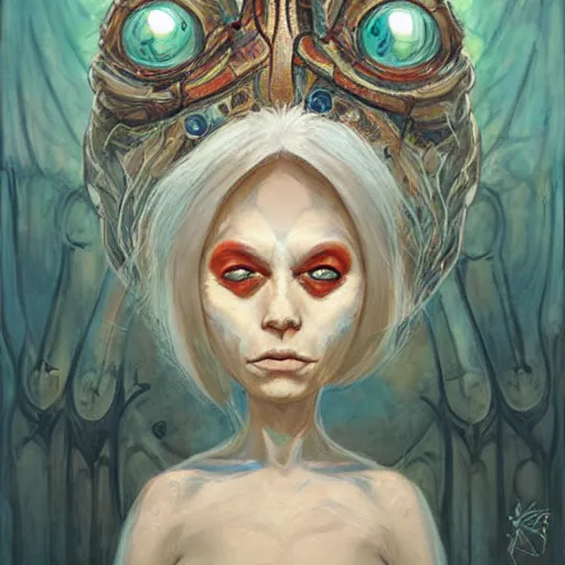 Image similar to portrait of small, cute, rubbery, huge-eyed, big-lipped albino mutant priestess with elaborate white hair with serious expression; science fiction concept art by Anato Finnstark, Margaret Keane, Greg Rutkowski