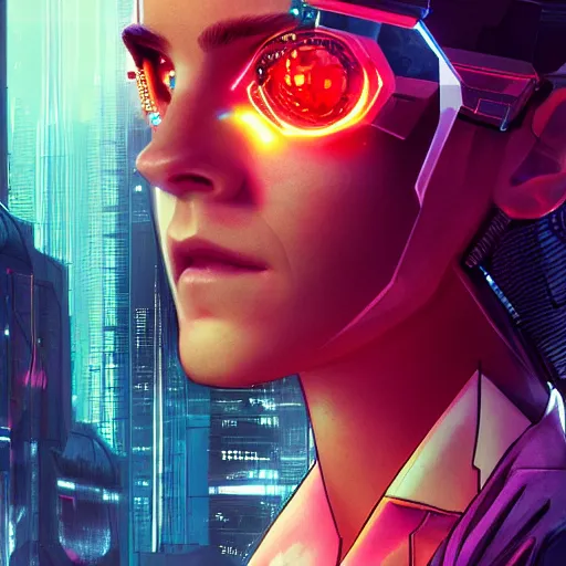 Image similar to cyberpunk emma watson as the leader of a futuristic communist nation, cybernetics, sharp lines, digital, artstation, colored in