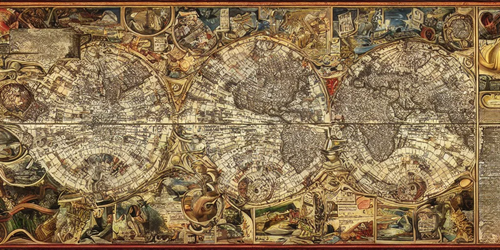 Prompt: highly detailed labeled atlas map poster of a synthetic kingdom, well - lit, ray tracing, detailed, paper drawing, fractal structure, golden, silver and crimson ink, factories and nature, intricate details