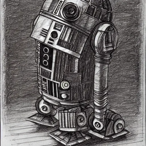 Prompt: a pencil sketch by leonardo davinci of the droid r 2 d 2, machine, sketch, da vinci, old masters, paper,