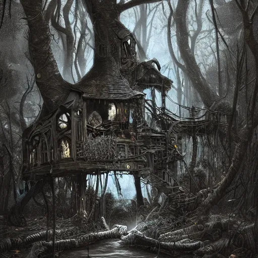 Image similar to dilapidated broken down treehouse, tucked within the witchwood forest, evil fairies, overgrown, detailed intricate ink illustration, dark atmosphere, detailed illustration, hd, 4k, digital art, overdetailed art, concept art, by greg rutkowski, by loish, complementing colors, Trending on artstation, deviantart