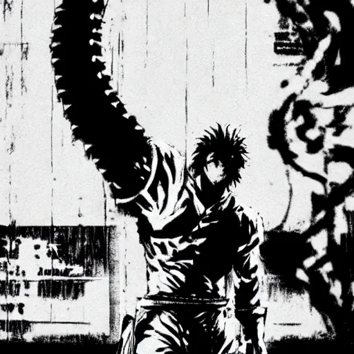 Image similar to snake from metal gear solid dressed as afro samurai, 35mm grainy film photography