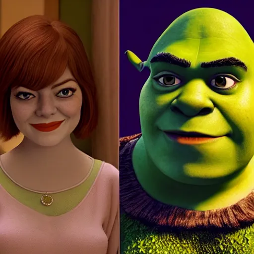 Image similar to Emma Stone as a female wife Shrek, Shrek face features, fully detailed, high quality , 4k , octane render , soft lightening , masterpiece