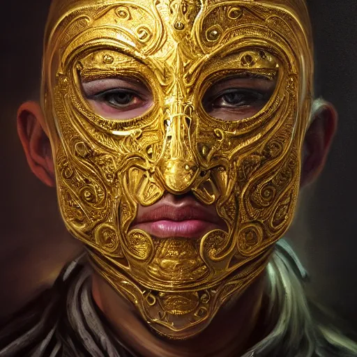 Prompt: Very very very very highly detailed epic central composition portrait of face with venetian mask, golden, intricate, dystopian, sci-fi, extremely detailed, digital painting, artstation, concept art, smooth, sharp focus, illustration, intimidating lighting, incredible art by Tokujin Yoshioka and Anton Pieck