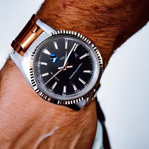 Image similar to rolex watch on a man arm, cinematic, macro lense