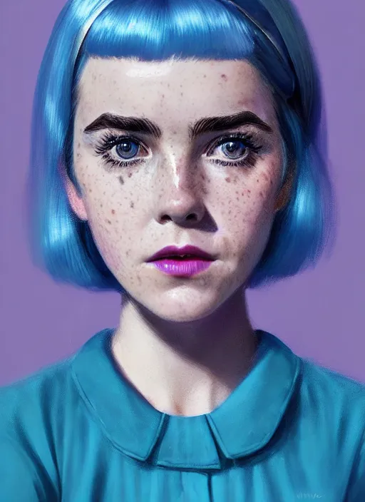 Image similar to portrait of kiernan shipka with freckles, white hair, 1 9 6 0 s bob hairstyle with bangs and hairband, blue 1 9 6 0 s dress, intricate, elegant, glowing lights, highly detailed, digital painting, artstation, concept art, smooth, sharp focus, illustration, art by wlop, mars ravelo and greg rutkowski