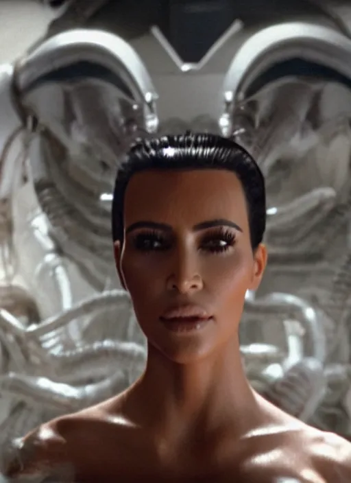 Image similar to movie still of kim kardashian wearing a alien face hugger mask, in the movie alien. cinematic shot.