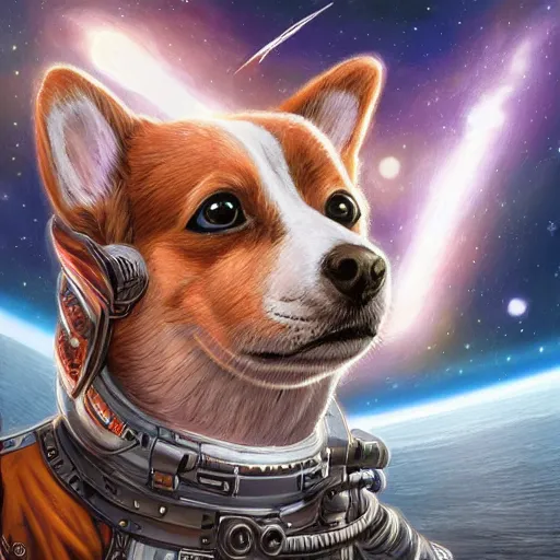 Prompt: a heroic corgi cosmonaut in outer space, d & d character, highly detailed digital illustration, intricate, fantasy, sci - fi, cyberpunk, cosmic, mystical, magical