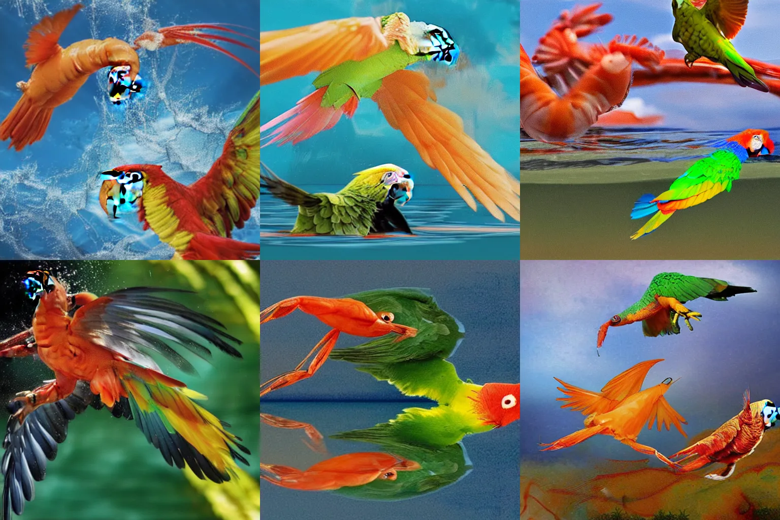 Prompt: a shrimp flying over a parrot swimming, realistic reflections