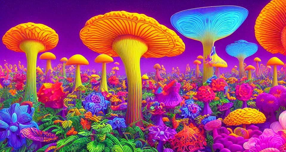 Prompt: psychedelic 3d vector art illustration of garden full of colorful psilocybin mushrooms and exotic flowers by Lisa frank, Beeple and Tim Hildebrandt, hyper realism, Art deco , intricate, elegant, highly detailed, unreal engine, octane render, artstation, smooth, sharp focus, sharp contrast