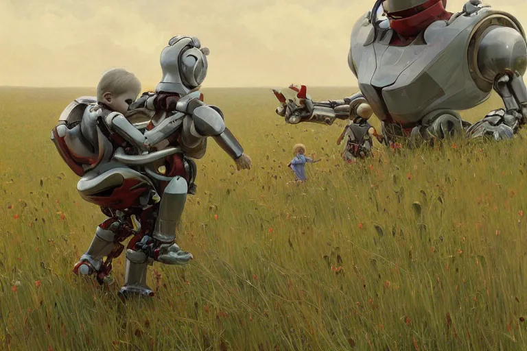 Prompt: A large robot carries a small child in its hands across a grassy field, highly detailed, digital painting, artstation, concept art, smooth, sharp focus, illustration, art by Esther Wu and alphonse mucha