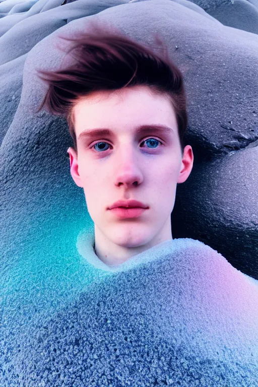 Image similar to high quality pastel coloured film mid angle selfie photograph of a beautiful young 2 0 year old male, soft features, short black hair, resting in an icelandic black rock environment. atmospheric. three point light. photographic. art directed. ( pastel colours ). volumetric light. clearcoat. waves glitch. 8 k. filmic.