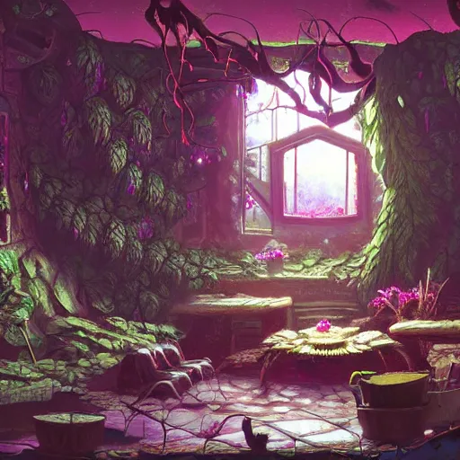 Prompt: concept art painting of a interior of a cozy alien fantasy cottage made of fungus, with black vines and magenta houseplants, realistic, detailed, cel shaded, dark, in the style of makoto shinkai and greg rutkowski and james gurney