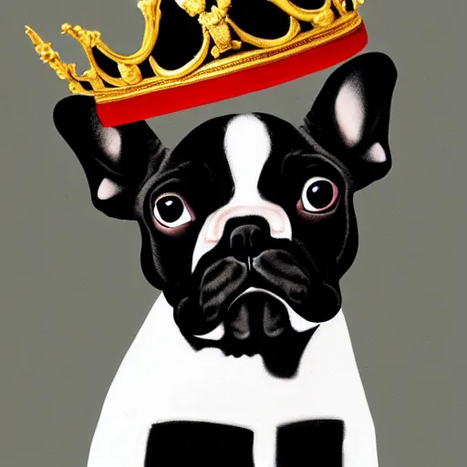 Prompt: a renaissance style portrait painting of a small mostly white female french bulldog, wearing a crown and cape, dark background. trending on artstation.